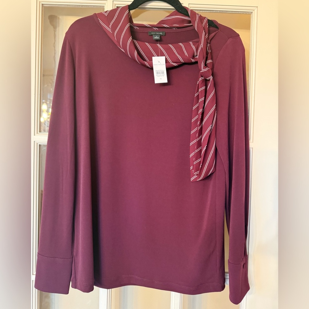 NWT Ann Taylor Wine Burgendy Blouse with Striped Scarf size Medium